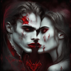 Stylized vampire-like figures with pale skin and dark hair on dark red background