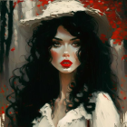 Illustrated portrait of woman with black curly hair and red lips in white outfit against red-leaved forest