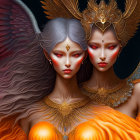 Mystical female figures with gold headdresses in orange attire on dark background