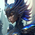 Ornate Blue-Black Feathered Armor and Elaborate Headdress Portrait