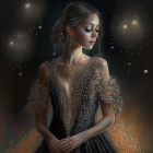 Elaborate attire and makeup on woman with twinkling starry background