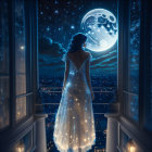 Woman in glowing gown gazes at starry night sky from balcony