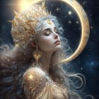 Ethereal female figure with crescent moon in starry night sky