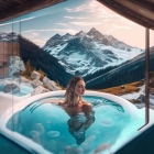 Woman relaxing in infinity pool with mountain vista and architectural framing