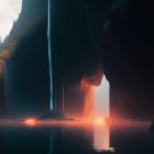 Majestic cavern with lava river, towering walls, and ethereal light shafts