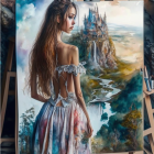 Woman admiring fantasy landscape with castle, butterflies, and lush greenery.