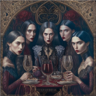 Five women with dark hair and bold makeup around a table with red wine glasses, against ornate backdrop