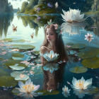 Woman with floral crown in peaceful lake surrounded by blooming water lilies