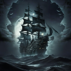 Ghostly pirate ship sails under full moon with dark clouds and flying crows