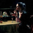 Woman sitting at dimly lit table with cigarette, wine glass, and flowers evokes moody atmosphere