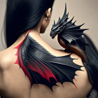 Realistic large dragon tattoo on woman's back with vivid colors