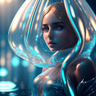 Futuristic digital artwork of woman in glowing blue attire against bokeh backdrop