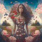 Surreal illustration of woman with floral headpiece in scenic landscape