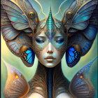 Digital artwork of a woman with butterfly features, vibrant wings, and ornate face patterns