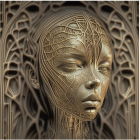 Detailed Metallic Humanoid Face Sculpture with Filigree Patterns on Ornate Background