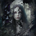 Enchanted forest portrait of a pale woman with a crown and butterflies