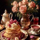 Ornate tableware, floral bouquet, fresh berries, and tea in a still life image