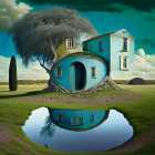 Curved Blue House in Tree Reflecting in Pond