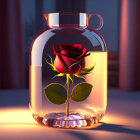 Red rose in glass jar with purple light, second rose nearby