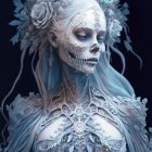 Ethereal woman with pale skin and silver floral decorations