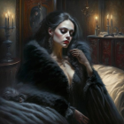 Luxurious Gothic woman in dark room with candles, black dress, lace, and elegant jewelry.