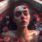 Woman in Bathtub with Red Rose Petals and Dew on Face