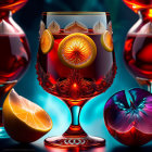 Colorful digital artwork of decorated glass with citrus slices on reflective surface