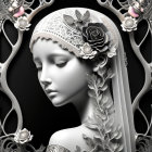 Monochromatic 3D illustration of woman with elaborate headdress and lace details