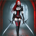 Fantasy warrior woman in red and black costume with swords in dimly lit archway