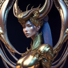 Digital artwork: Woman with blue hair, golden armor, horned helmet, glowing eyes on dark backdrop