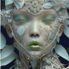 Digital artwork: Woman with leaf headdress, green eyes, metallic designs