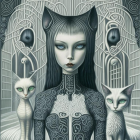 Mystical Figure with Intricate Skin Designs and Cats