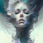 Portrait of woman with ethereal features surrounded by blue swirls and sparkles