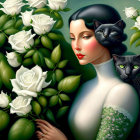 Illustration of woman with black cat among green leaves and white roses