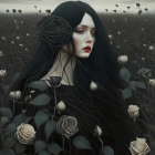 Pale-skinned woman with black hair and roses in a dreamy setting.