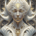 Symmetrical female figure with golden headpiece in 3D digital art