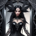 Illustration of gothic woman in black corset with dark hair and red lips reflected in ornate