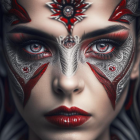 Woman with Red and Silver Face Paint and Intense Red Eyes