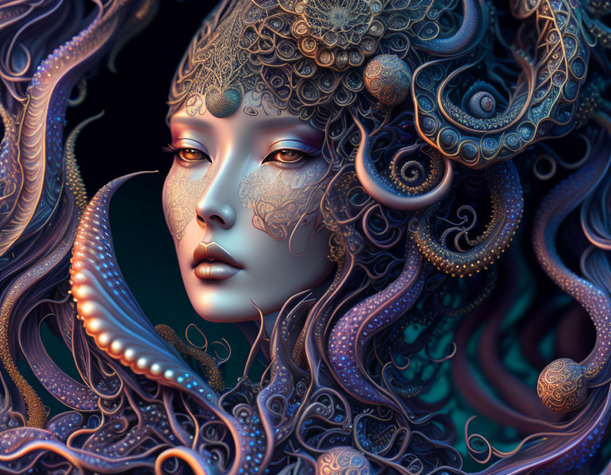 Detailed digital artwork of female figure with swirling blue and gold patterns.