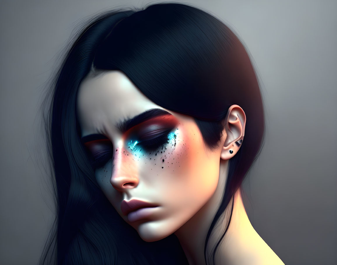 Dark-haired woman with blue-teal eye makeup in digital artwork