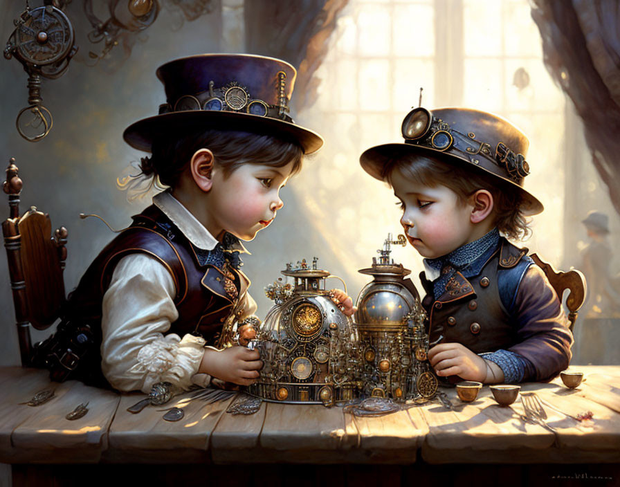 Steampunk-themed image: Children exploring mechanical device with gears and clocks on table