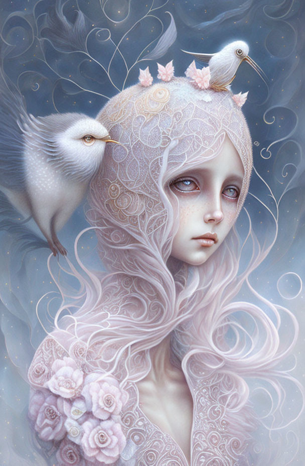 Surreal portrait of woman with pale skin, white birds, and blossoms on head against blue