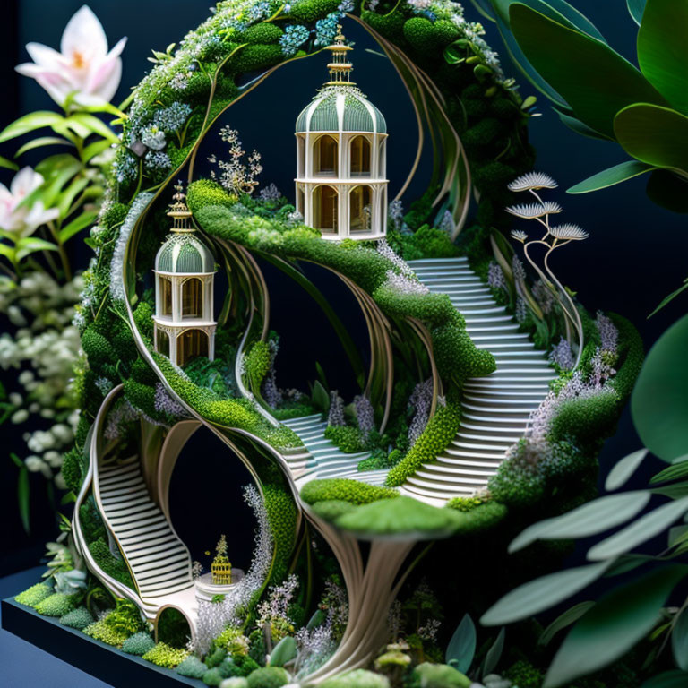 Botanical staircase sculpture with greenery and birdcage structures on dark background