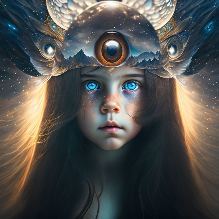 Mystical girl with blue eyes, cosmos hair, eye helmet, mountain landscape