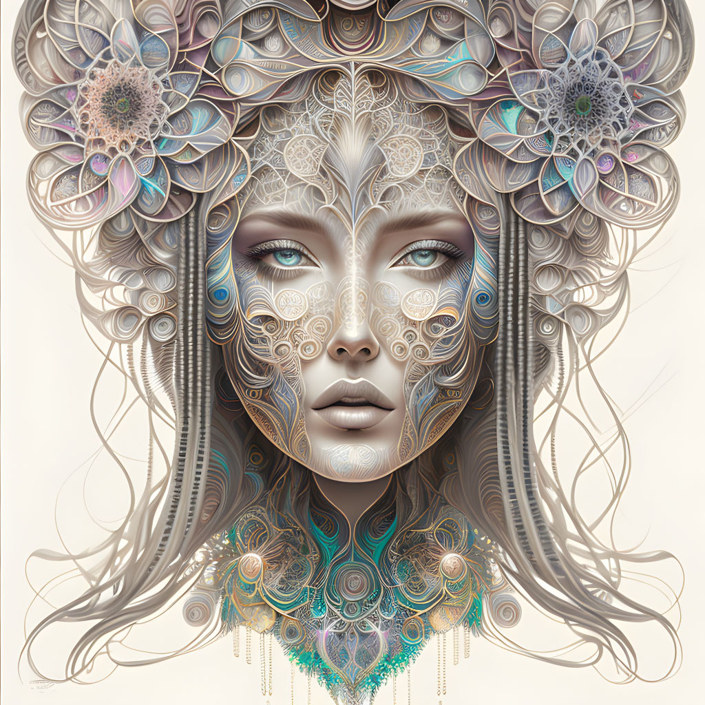 Intricate floral and geometric patterns on woman's portrait