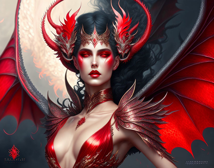 Fantasy image: Woman with red dragon wings, horns, gold and red armor