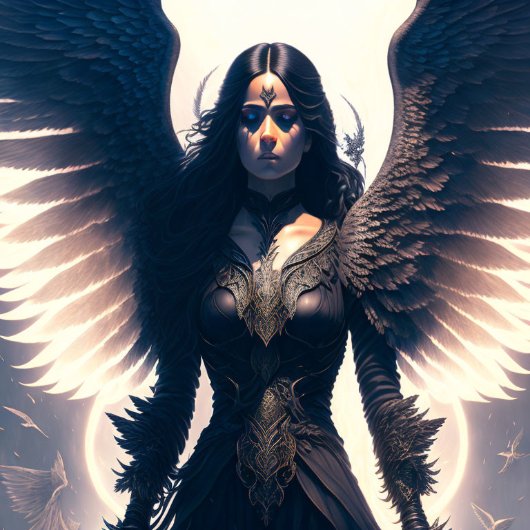 Majestic female figure in dark armor with wings and intense eyes