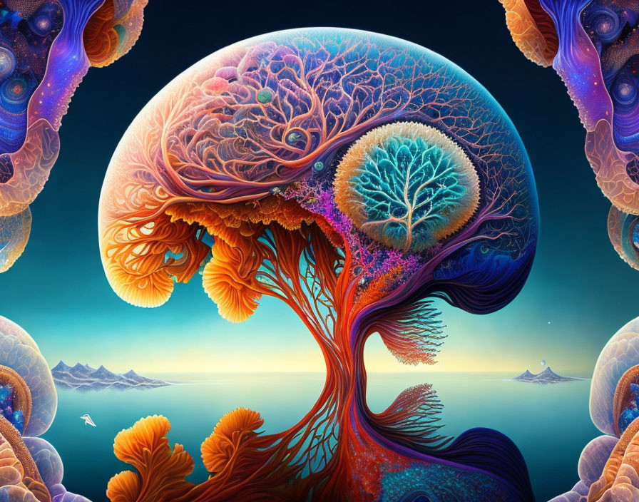 Surreal landscape with brain-like tree branches and mushroom trees