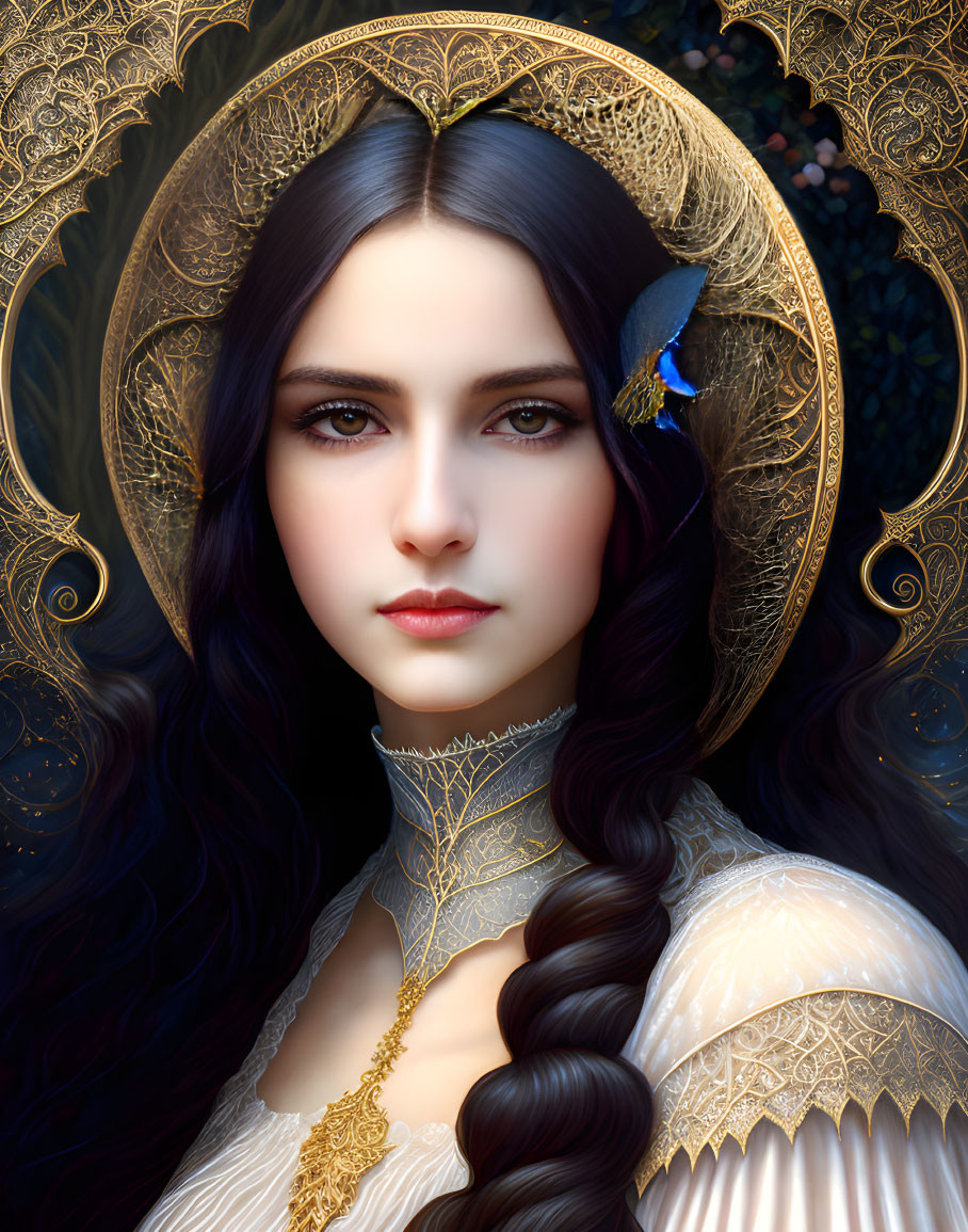 Illustrated portrait of woman with dark hair, intense eyes, golden halo, and blue butterfly.