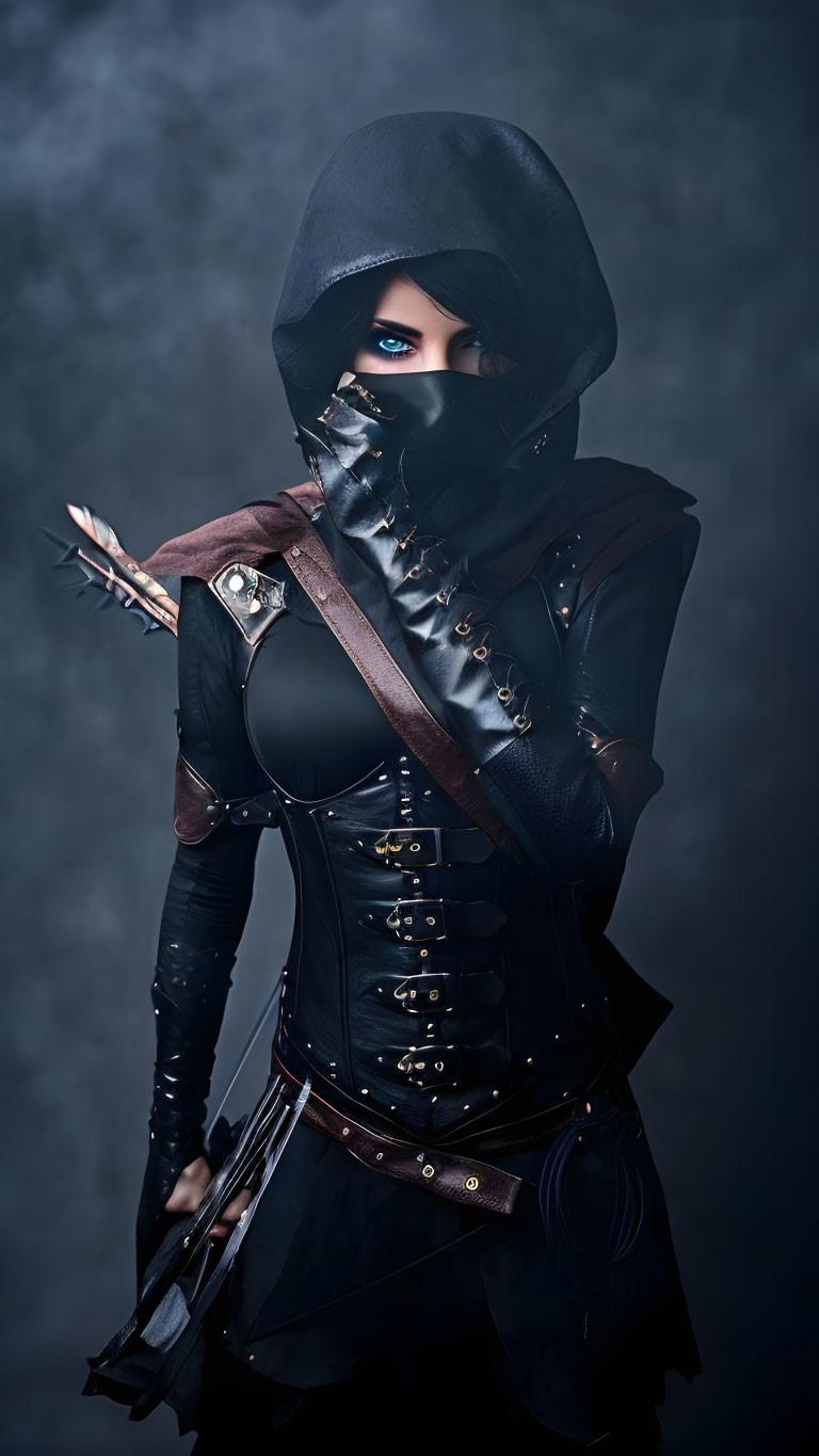 Dark Rogue Outfit with Knives, Corset, and Hooded Figure